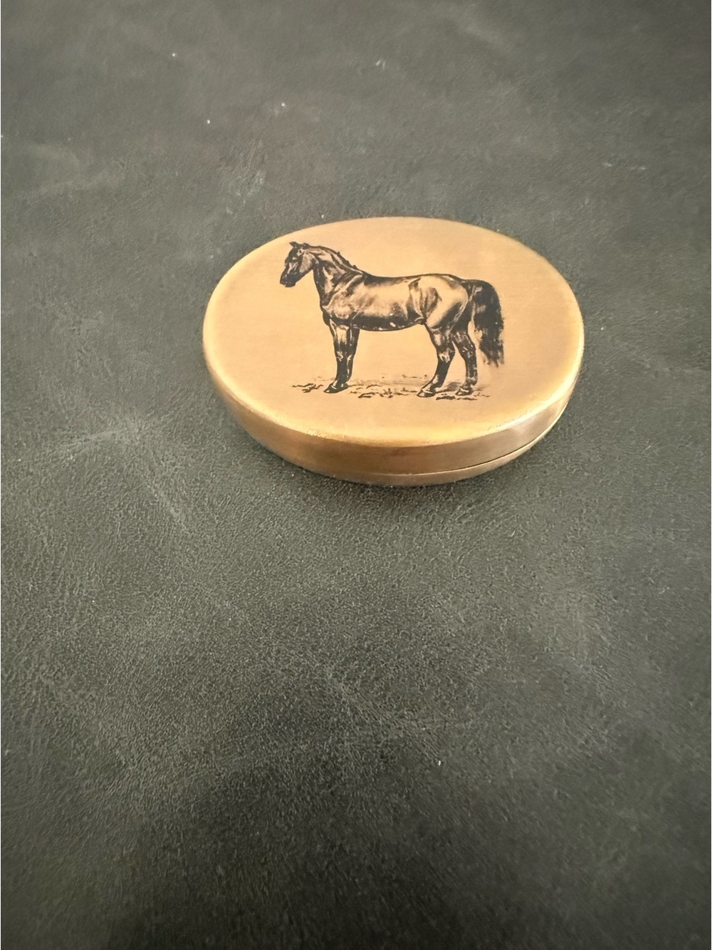 Oval Brass Vintage Look Small Trinket Box with Engraved Horse